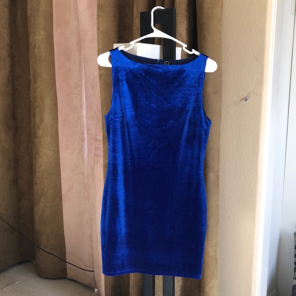 Blue Velvet Mini Dress High Neck Size M